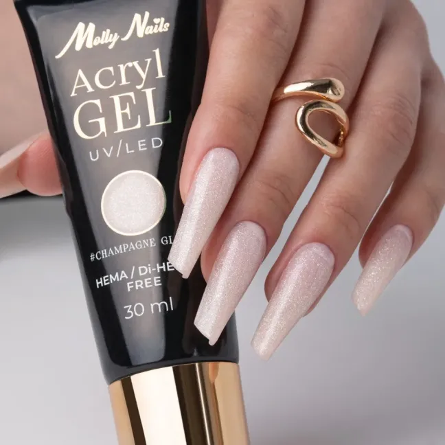 Polygel CHAMPAGNE GLOW Acrygel cover gitter Mollynails Hemafree 30 ml