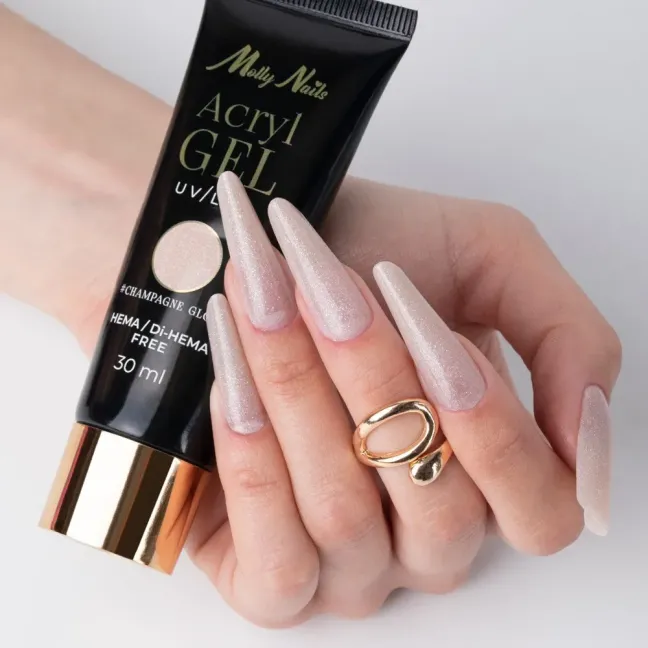 Polygel CHAMPAGNE GLOW Acrygel cover gitter Mollynails Hemafree 30 ml