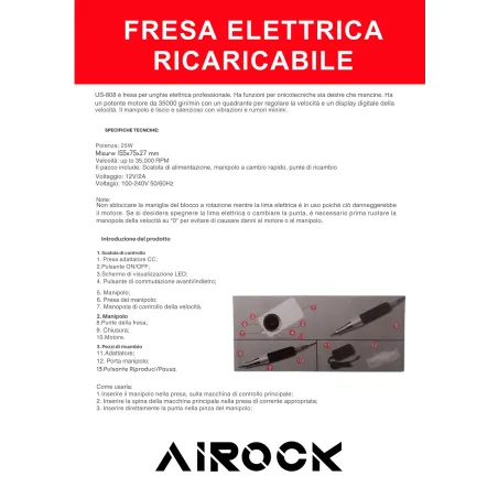 FRESA EUPHEMIA Airock- Micromotore bianco glitter fresa portatile senza filo 25W