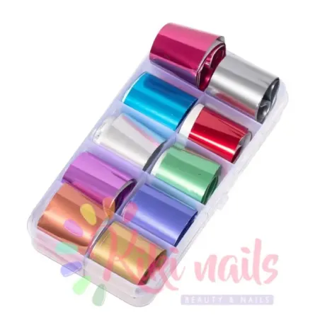 Scatola Set 10 Tranfert Foil tinta unita matte, vari colori, 100x2 cm, unghie Altro, FOIL & ALTRO unghie.
