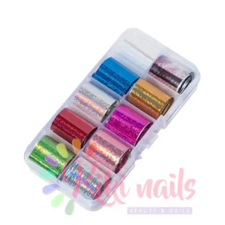 Scatola Set 10 Tranfert Foil tinta unita glitter, vari colori, 100x2 cm, unghie Altro, FOIL & ALTRO unghie.