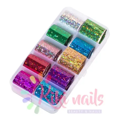 Scatola Set 10 Tranfert Foil exagon holo, vari colori, 100x2 cm, unghie Altro, FOIL & ALTRO unghie.