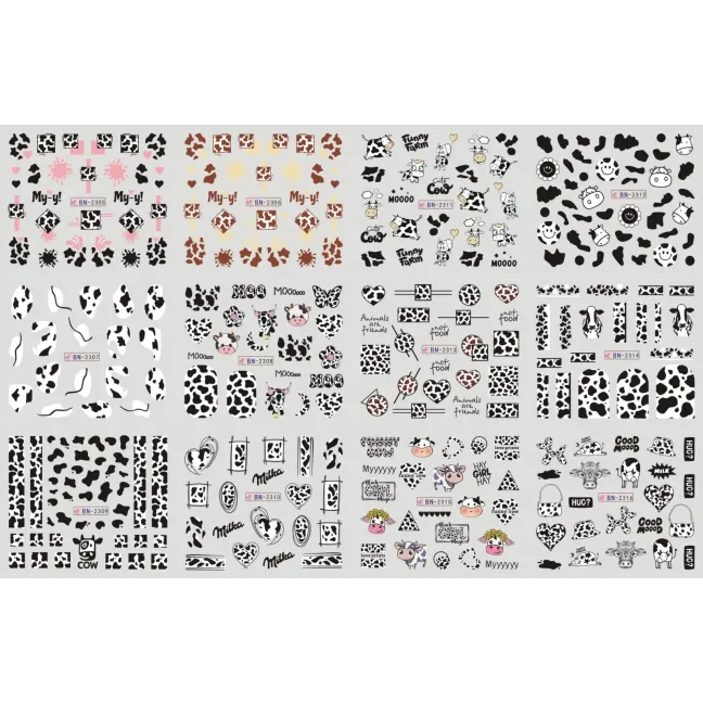 Foglio completo 12 Water decal tema MUCCA, unghie Altro, OUTLET unghie.