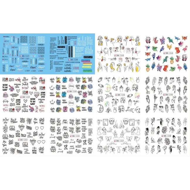 Foglio completo 12 Water decal tema SCRITTE x DONNE, unghie Altro, OUTLET unghie.