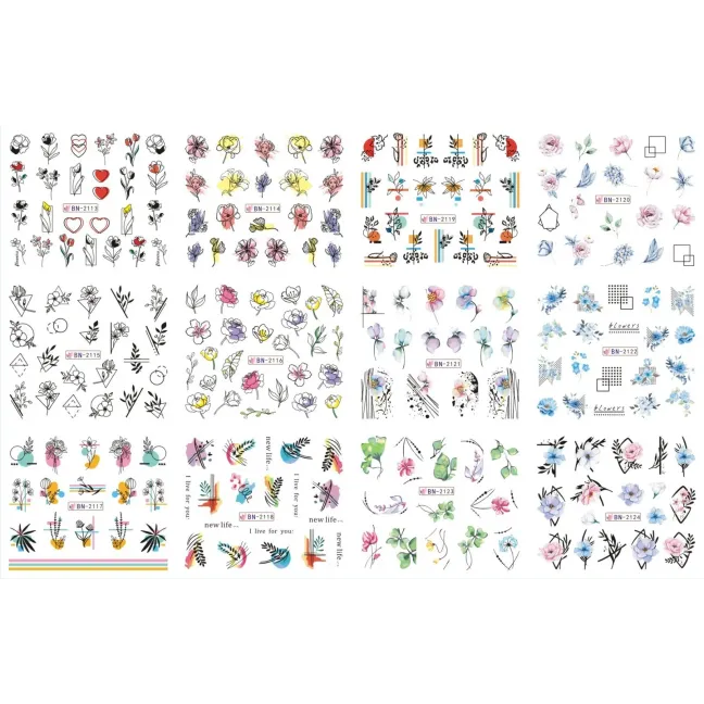 Foglio completo 12 Water decal tema FLOWER MIX, unghie Altro, OUTLET unghie.