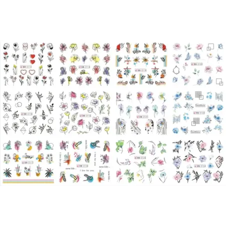 Foglio completo 12 Water decal tema FLOWER MIX, unghie Altro, OUTLET unghie.