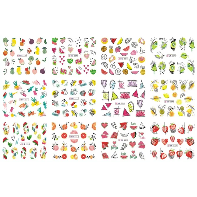 Foglio completo 12 Water decal tema ASTRACT FRUIT, unghie Altro, OUTLET unghie.
