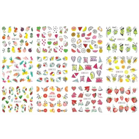 Foglio completo 12 Water decal tema ASTRACT FRUIT, unghie Altro, OUTLET unghie.