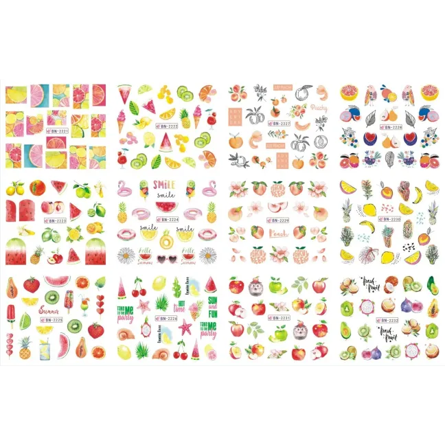 Foglio completo 12 Water decal tema FRUTTA ANNUALE, unghie Altro, OUTLET unghie.
